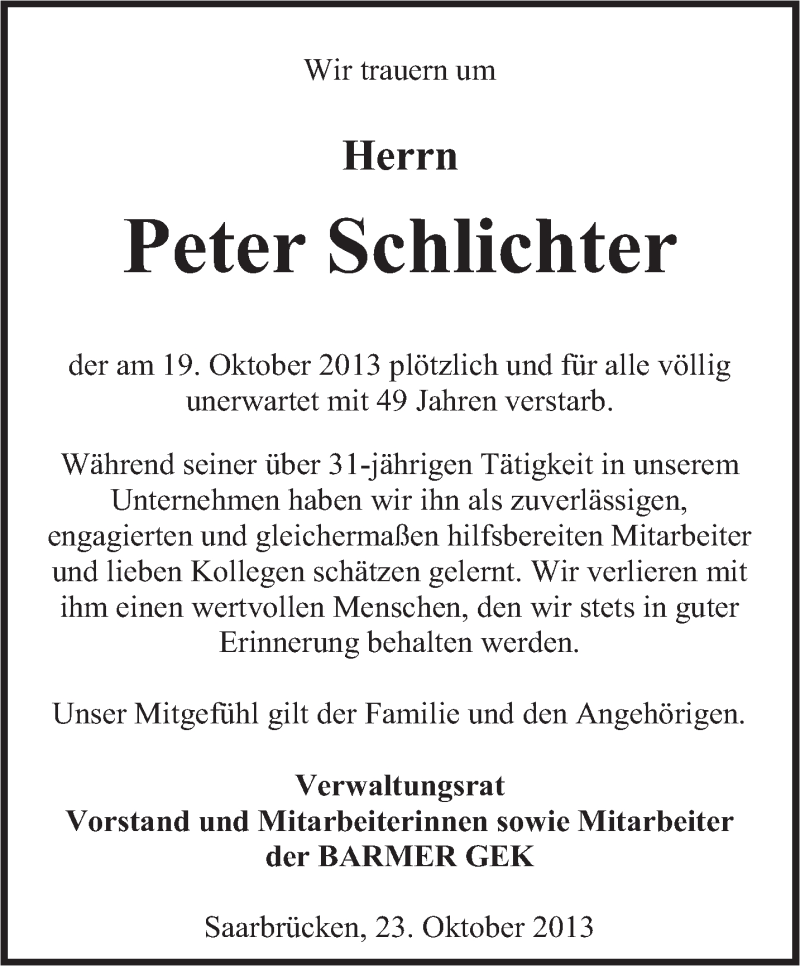  Traueranzeige für Peter Schlichter vom 23.10.2013 aus saarbruecker_zeitung