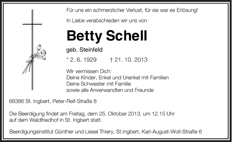  Traueranzeige für Betty Schell vom 23.10.2013 aus saarbruecker_zeitung