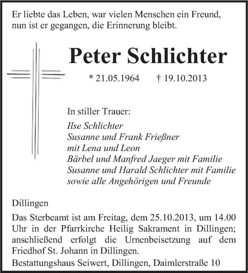  Traueranzeige für Peter Schlichter vom 23.10.2013 aus saarbruecker_zeitung