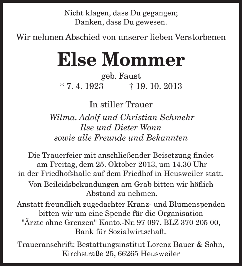  Traueranzeige für Else Mommer vom 24.10.2013 aus saarbruecker_zeitung