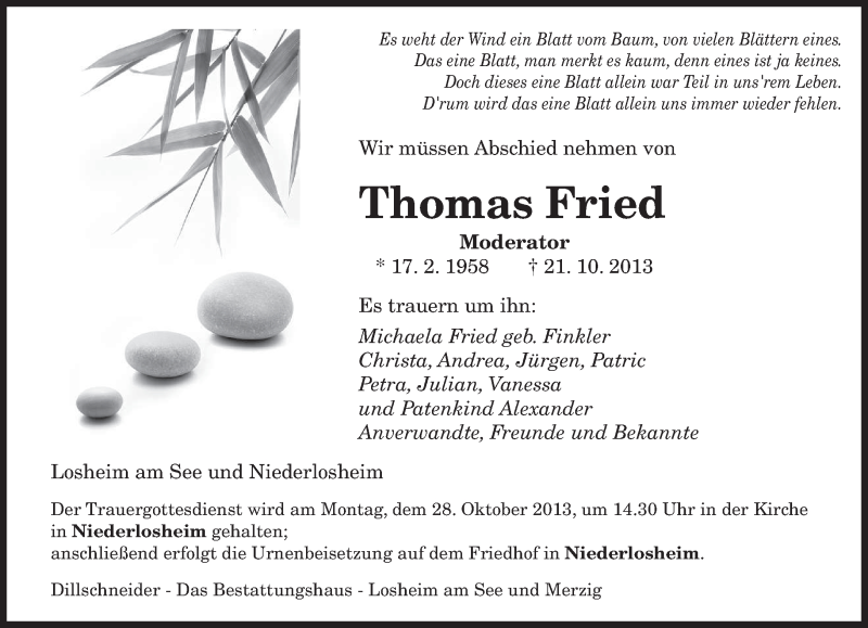  Traueranzeige für Thomas Fried vom 24.10.2013 aus saarbruecker_zeitung