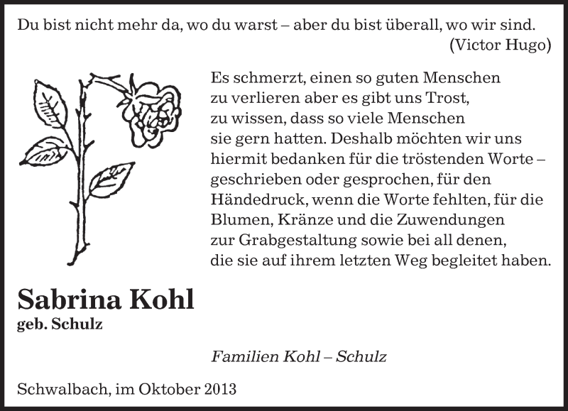  Traueranzeige für Sabrina Kohl vom 26.10.2013 aus saarbruecker_zeitung