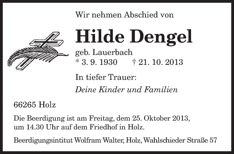  Traueranzeige für Hilde Dengel vom 24.10.2013 aus saarbruecker_zeitung