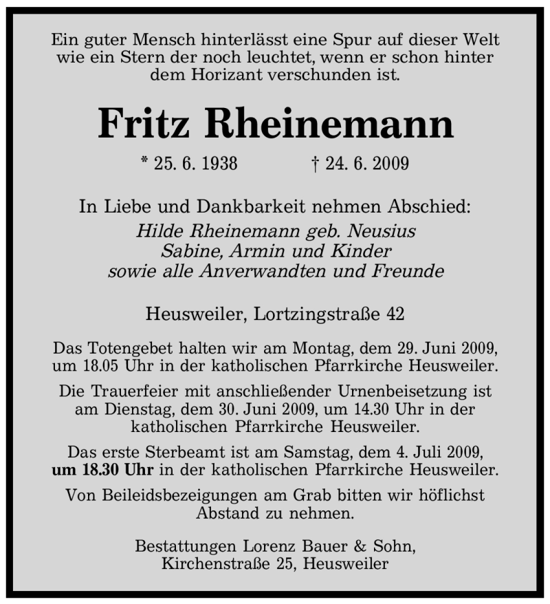  Traueranzeige für Fritz Rheinemann vom 26.06.2009 aus SAARBRÜCKER ZEITUNG