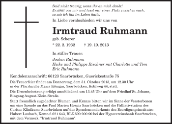 Traueranzeige von Irmtraud Ruhmann von saarbruecker_zeitung