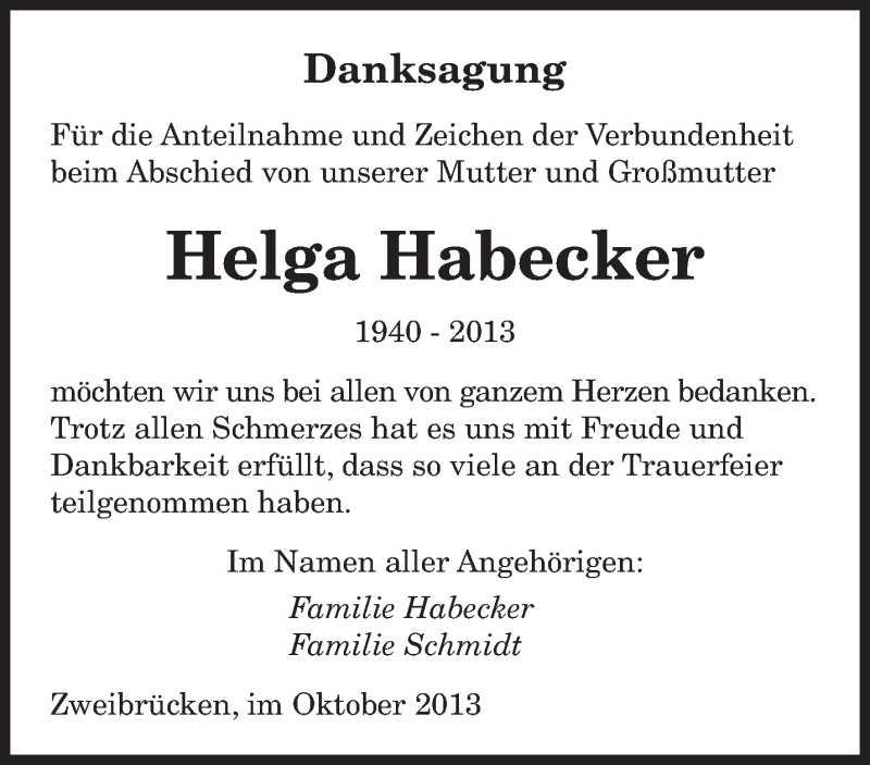  Traueranzeige für Helga Habecker vom 25.10.2013 aus saarbruecker_zeitung