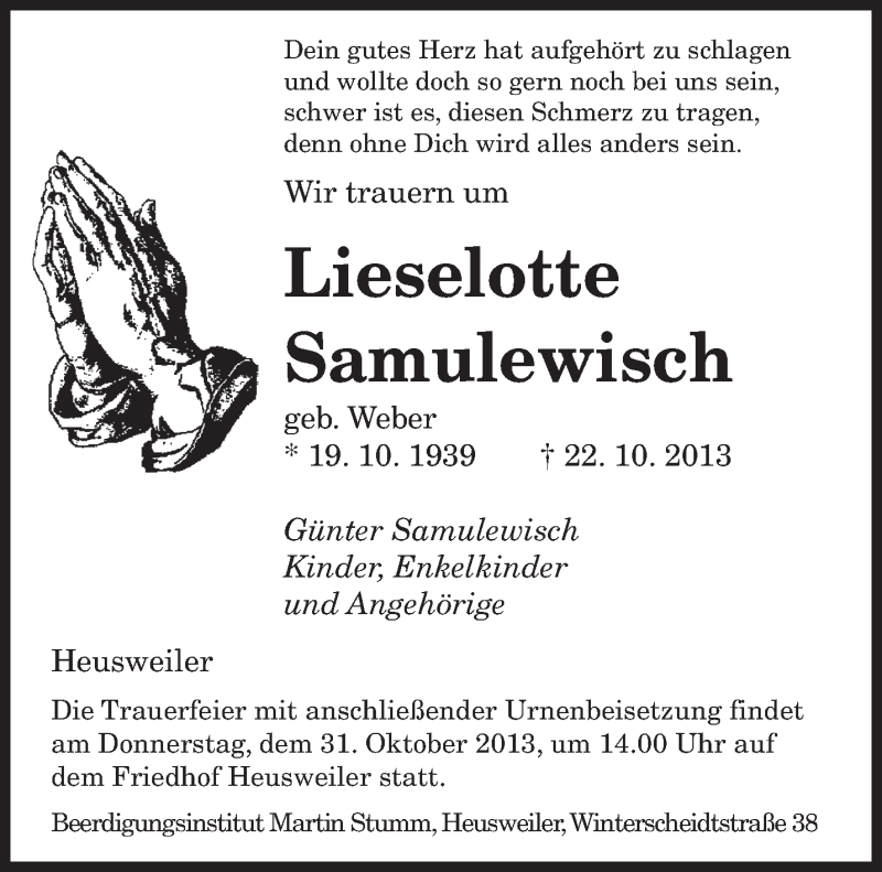  Traueranzeige für Lieselotte Samulewisch vom 26.10.2013 aus saarbruecker_zeitung