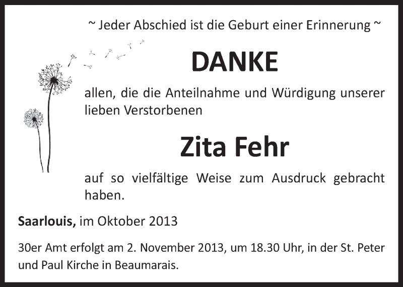  Traueranzeige für Zita Fehr vom 26.10.2013 aus saarbruecker_zeitung