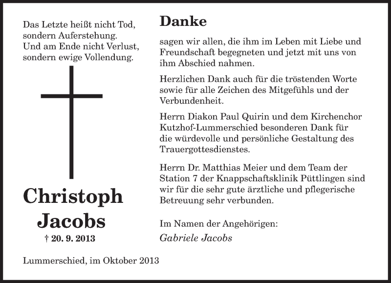  Traueranzeige für Christoph Jacobs vom 26.10.2013 aus saarbruecker_zeitung