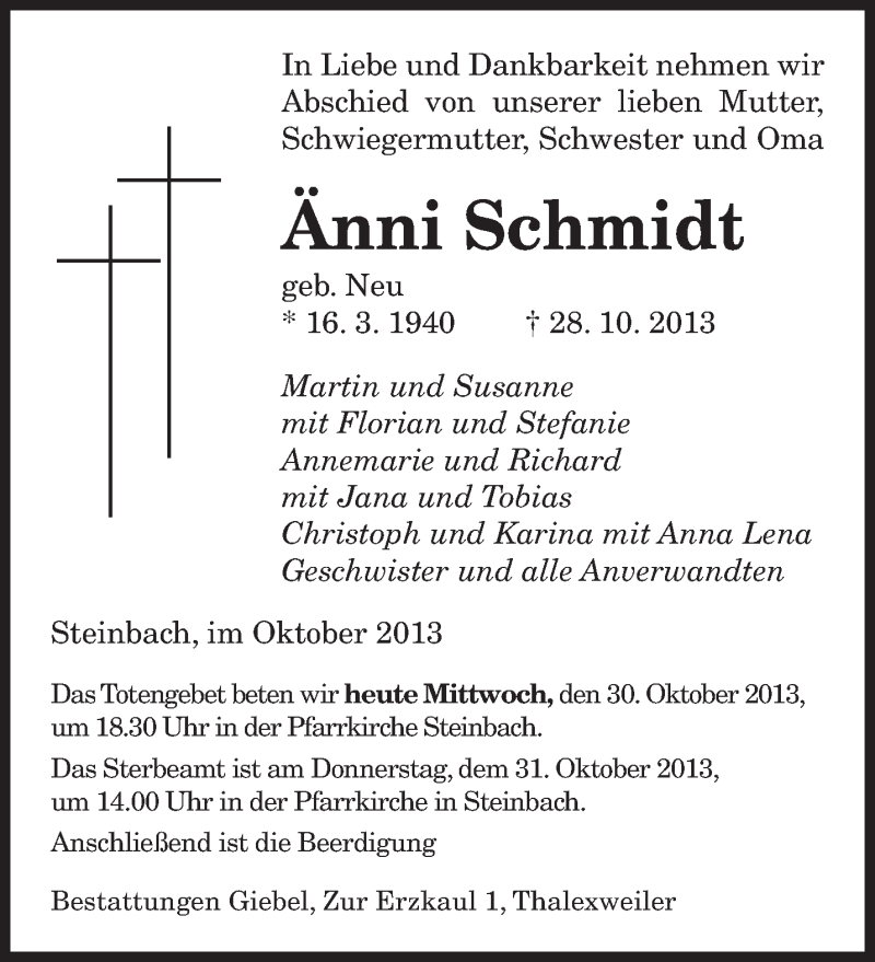  Traueranzeige für Änni Schmidt vom 30.10.2013 aus saarbruecker_zeitung