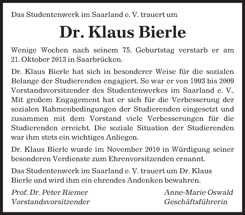  Traueranzeige für Klaus Bierle vom 02.11.2013 aus saarbruecker_zeitung