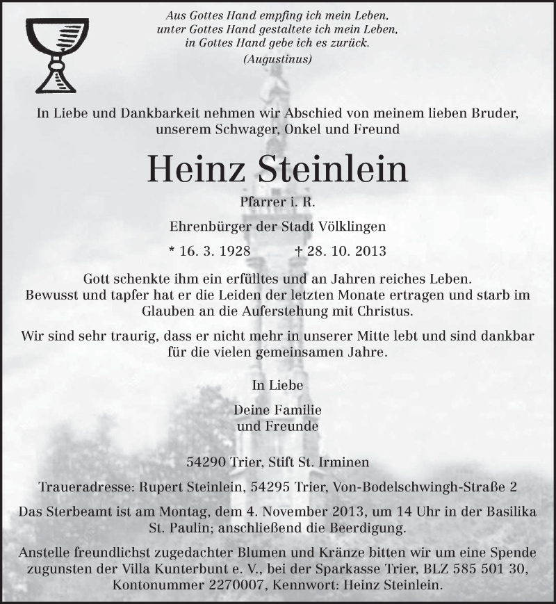  Traueranzeige für Heinz Steinlein vom 31.10.2013 aus saarbruecker_zeitung