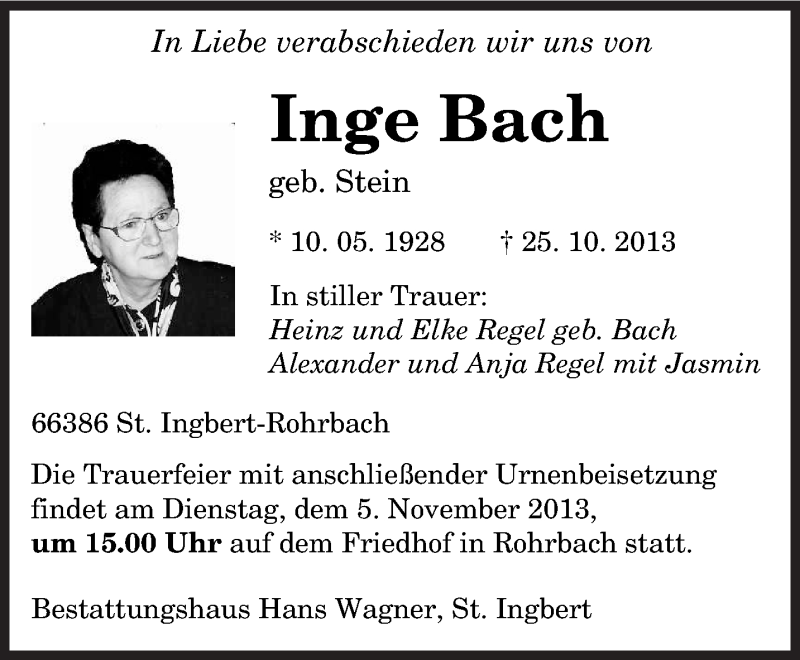  Traueranzeige für Inge Bach vom 02.11.2013 aus saarbruecker_zeitung
