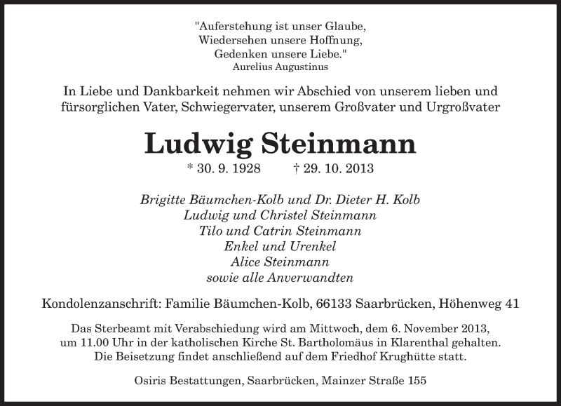  Traueranzeige für Ludwig Steinmann vom 02.11.2013 aus saarbruecker_zeitung