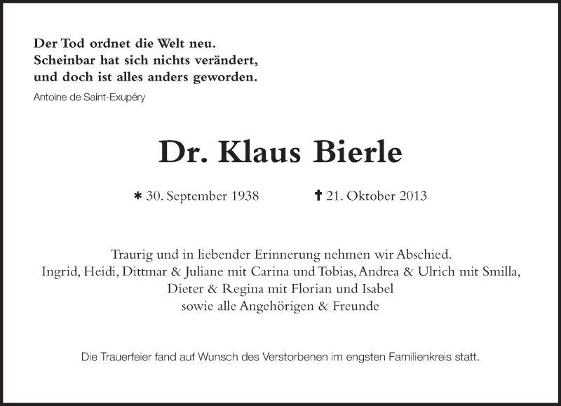  Traueranzeige für Klaus Bierle vom 02.11.2013 aus saarbruecker_zeitung