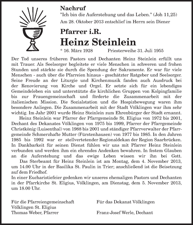  Traueranzeige für Heinz Steinlein vom 02.11.2013 aus saarbruecker_zeitung