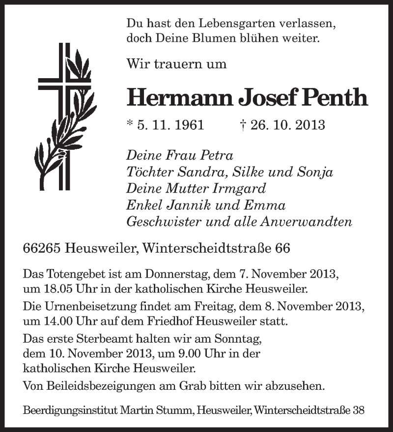  Traueranzeige für Hermann-Josef Penth vom 05.11.2013 aus saarbruecker_zeitung