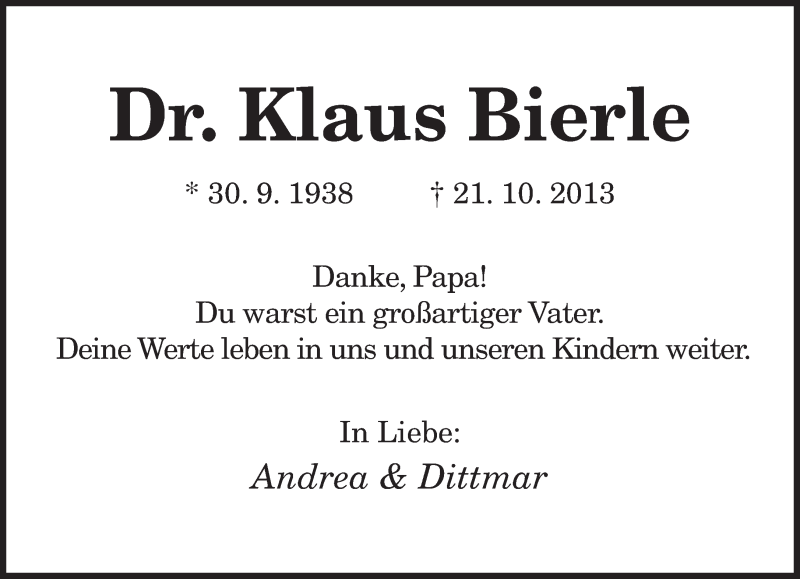  Traueranzeige für Klaus Bierle vom 04.11.2013 aus saarbruecker_zeitung