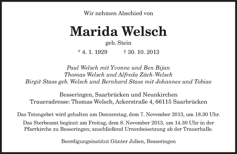  Traueranzeige für Marida Welsch vom 05.11.2013 aus saarbruecker_zeitung