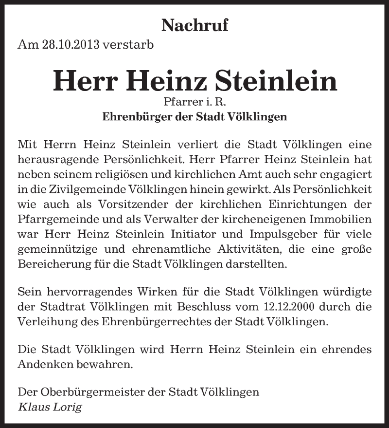  Traueranzeige für Heinz Steinlein vom 06.11.2013 aus saarbruecker_zeitung