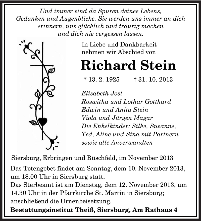  Traueranzeige für Richard Stein vom 08.11.2013 aus saarbruecker_zeitung
