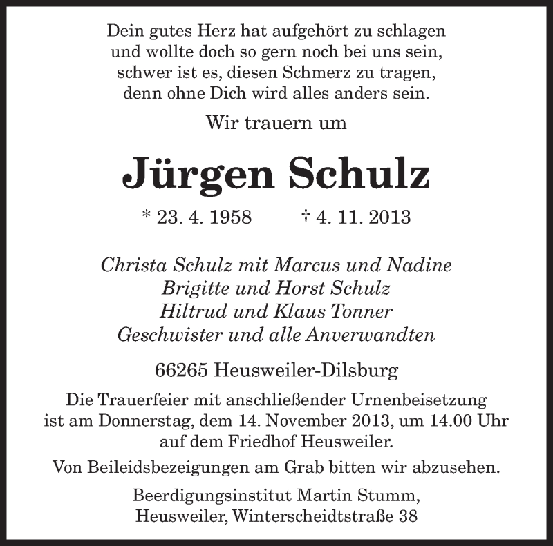  Traueranzeige für Jürgen Schulz vom 11.11.2013 aus saarbruecker_zeitung