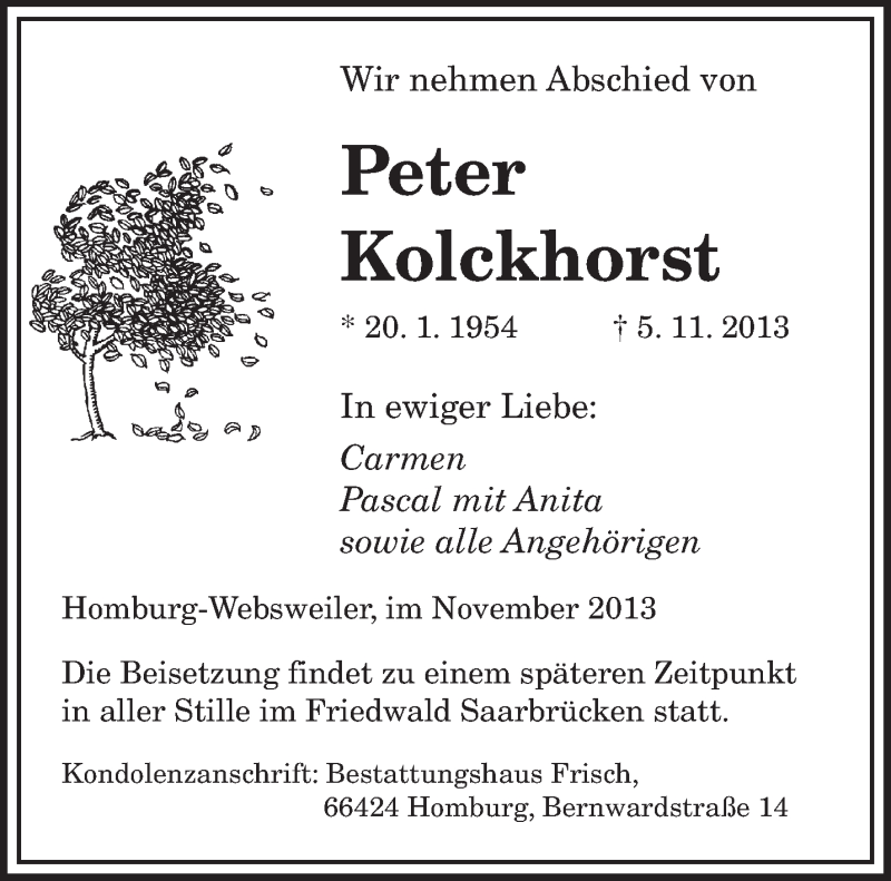  Traueranzeige für Peter Kolckhorst vom 08.11.2013 aus saarbruecker_zeitung
