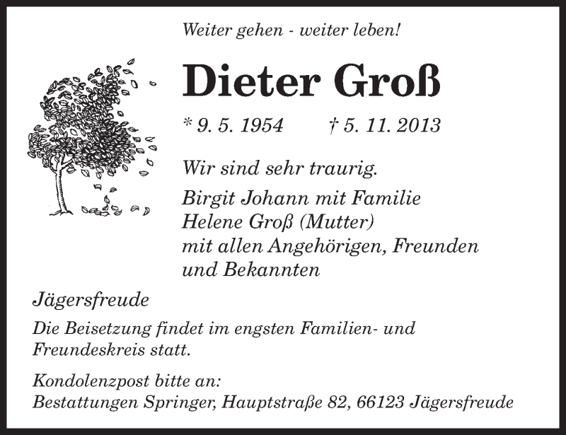  Traueranzeige für Dieter Groß vom 09.11.2013 aus saarbruecker_zeitung