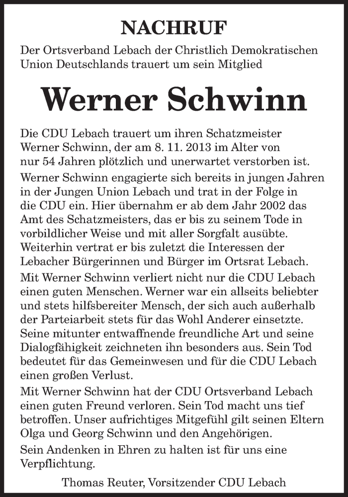  Traueranzeige für Werner Schwinn vom 11.11.2013 aus saarbruecker_zeitung