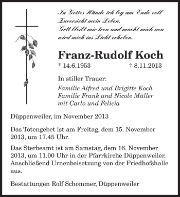 Traueranzeige von Franz-Rudolf Koch von saarbruecker_zeitung