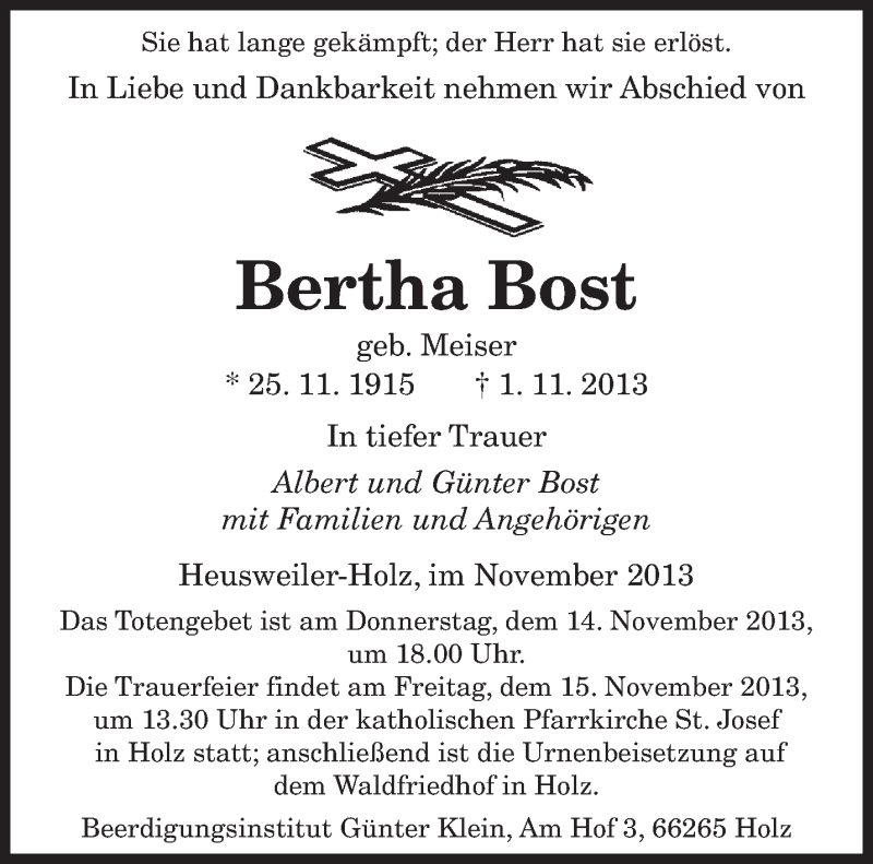  Traueranzeige für Bertha Bost vom 12.11.2013 aus saarbruecker_zeitung