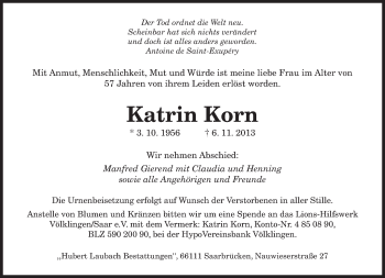 Traueranzeige von Katrin Korn von saarbruecker_zeitung