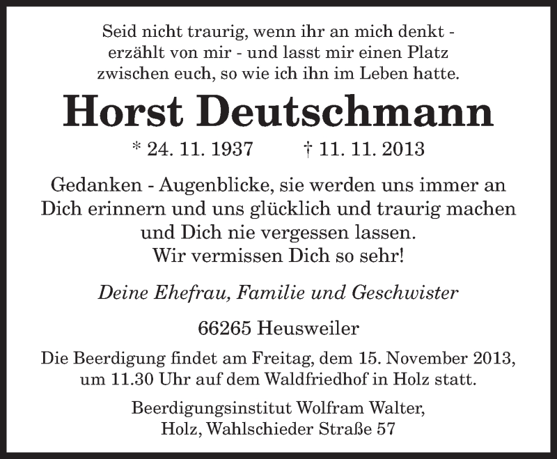  Traueranzeige für Horst Deutschmann vom 13.11.2013 aus saarbruecker_zeitung