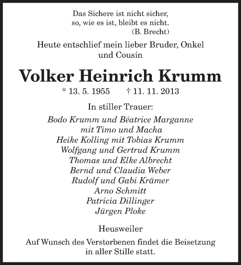  Traueranzeige für Volker Heinrich Krumm vom 16.11.2013 aus saarbruecker_zeitung