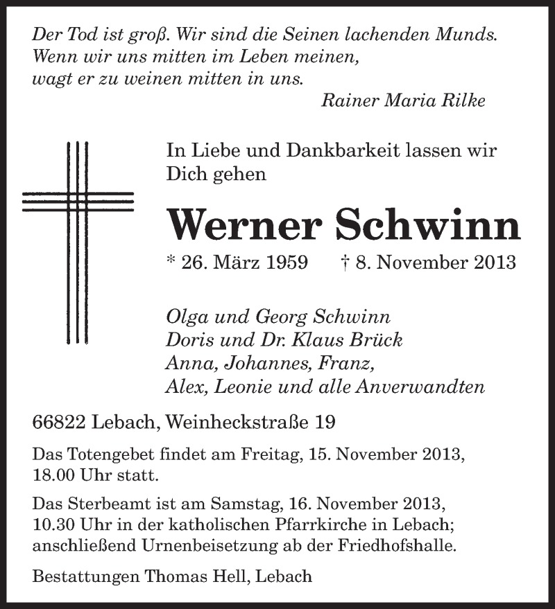  Traueranzeige für Werner Schwinn vom 14.11.2013 aus saarbruecker_zeitung