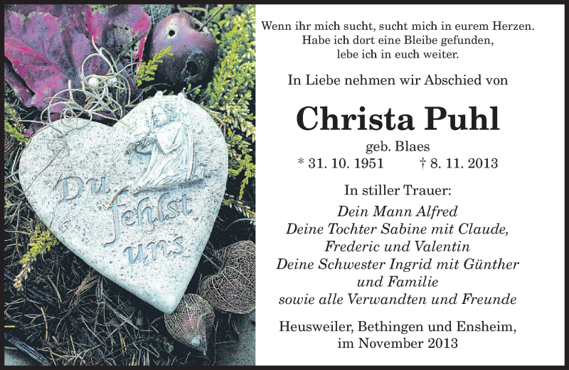  Traueranzeige für Christa Puhl vom 15.11.2013 aus saarbruecker_zeitung
