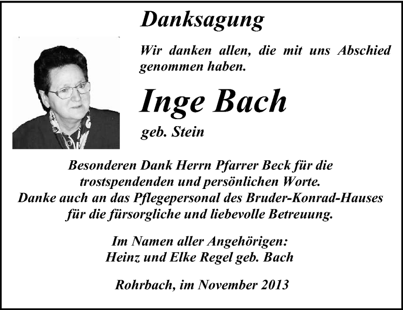  Traueranzeige für Inge Bach vom 16.11.2013 aus saarbruecker_zeitung