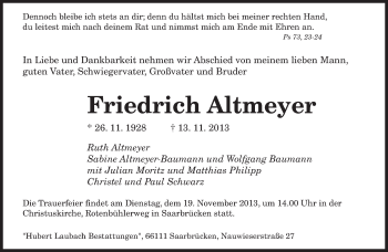 Traueranzeige von Friedrich Altmeyer von saarbruecker_zeitung