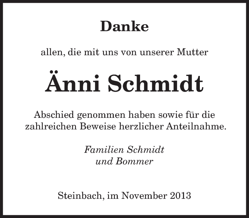  Traueranzeige für Änni Schmidt vom 16.11.2013 aus saarbruecker_zeitung