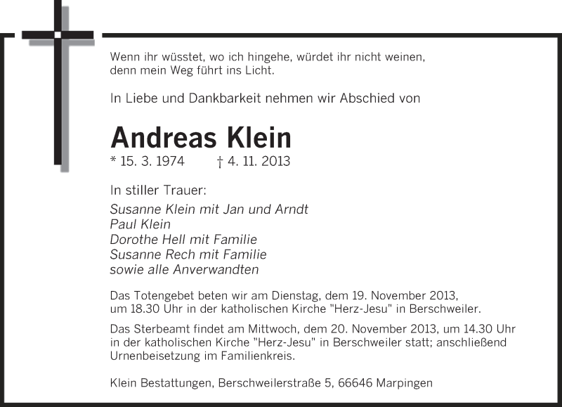  Traueranzeige für Andreas Klein vom 16.11.2013 aus saarbruecker_zeitung