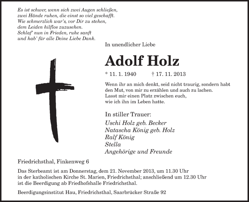  Traueranzeige für Adolf Holz vom 19.11.2013 aus saarbruecker_zeitung