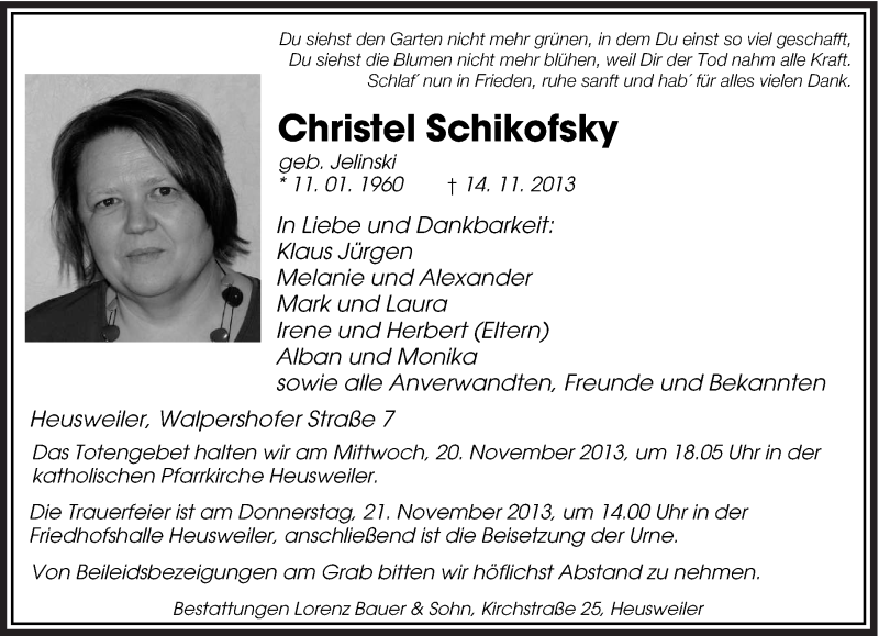  Traueranzeige für Christel Schikofsky vom 18.11.2013 aus saarbruecker_zeitung