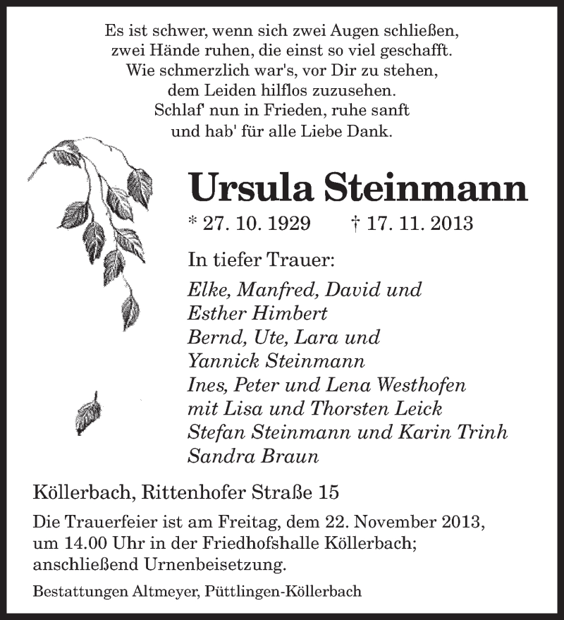  Traueranzeige für Ursula Steinmann vom 19.11.2013 aus saarbruecker_zeitung