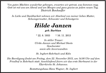 Traueranzeige von Hilde Janzen von saarbruecker_zeitung