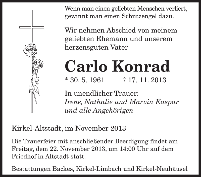  Traueranzeige für Carlo Konrad vom 20.11.2013 aus saarbruecker_zeitung