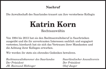 Traueranzeige von Katrin Korn von saarbruecker_zeitung