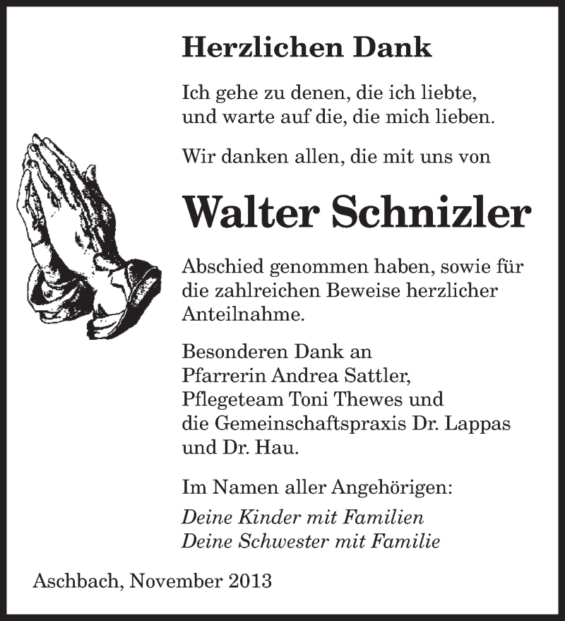  Traueranzeige für Walter Schnizler vom 23.11.2013 aus saarbruecker_zeitung