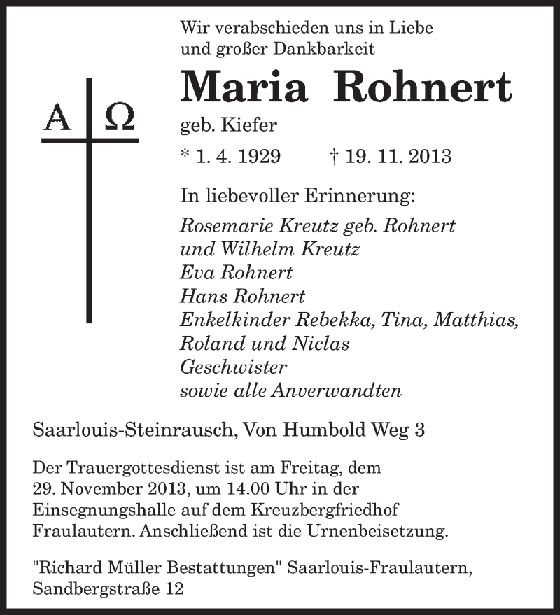  Traueranzeige für Maria Rohnert vom 23.11.2013 aus saarbruecker_zeitung