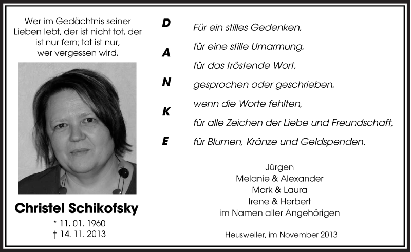  Traueranzeige für Christel Schikofsky vom 30.11.2013 aus saarbruecker_zeitung