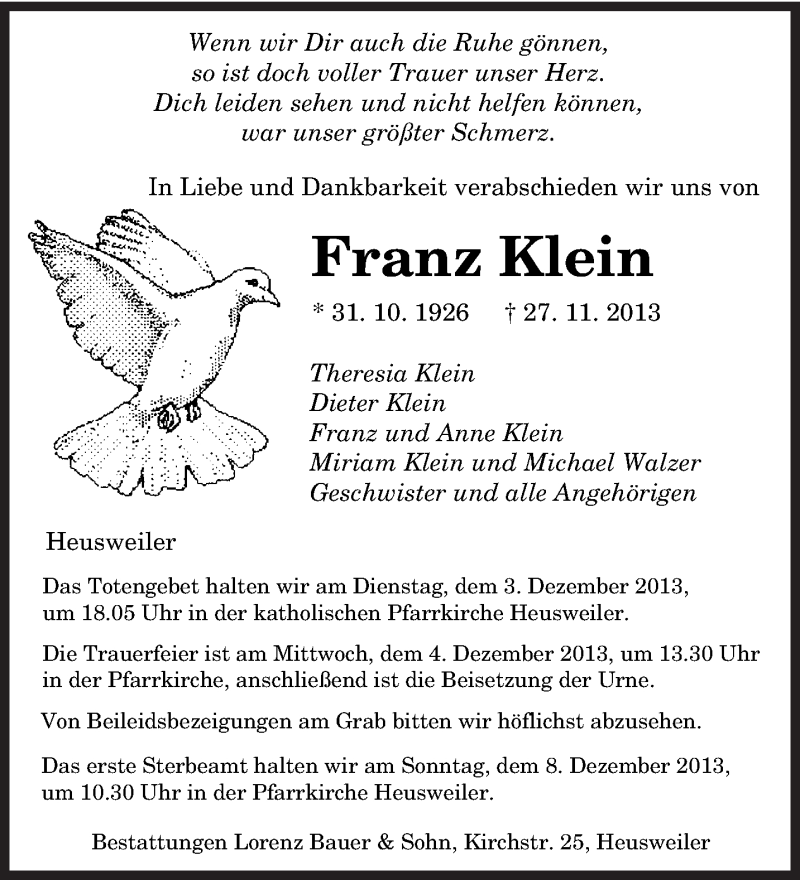  Traueranzeige für Franz Klein vom 30.11.2013 aus saarbruecker_zeitung